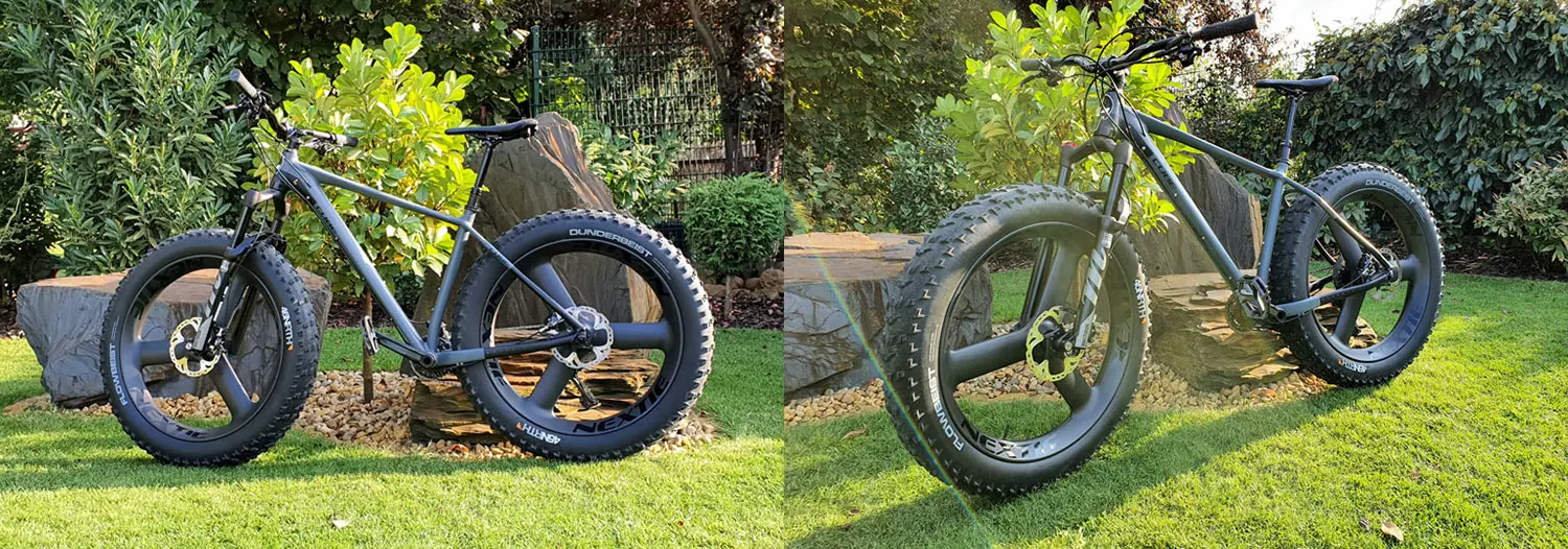 Wild Dragon Carbon Fiber Tri-Spoke Fat Bike Wheelset on beach